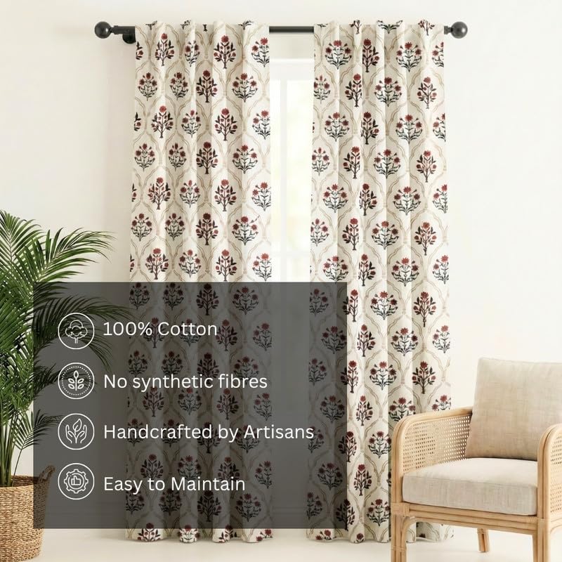Image of Peepul Tree Pure Cotton Door Curtain in Rust and Maroon Color with Ornate Florals | Set of 1 | 7 ft | Semi Blackout with 70% Light Blocking | Royal Courtyards Collection