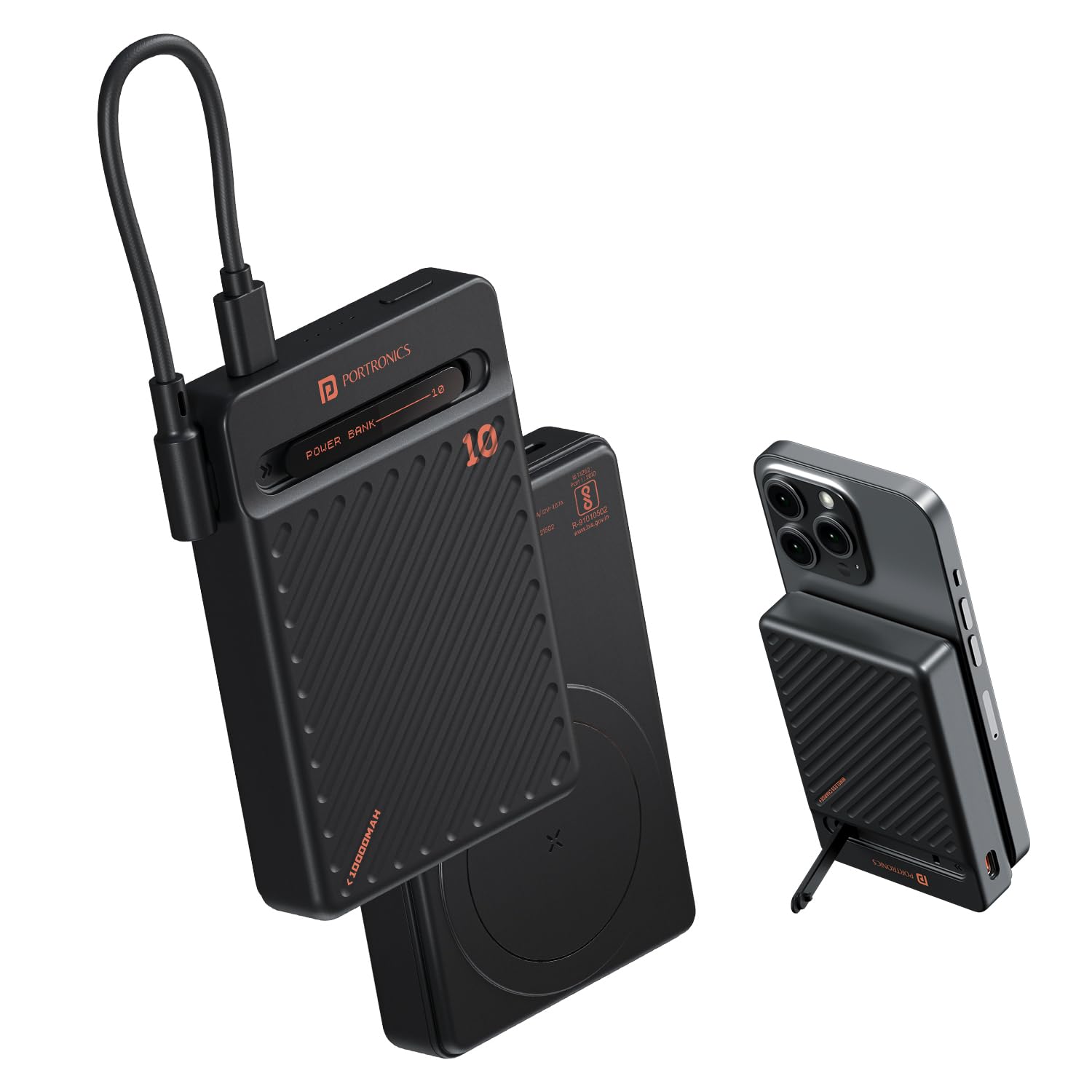 Portronics Chyro 10000mAh 15W Magnetic Wireless Fast Charging Powerbank with MagSafe Mobile Stand,in-Built Type C Cable With 20W Output,For iPhone 12 & Above, Android & Other Qi Enabled Devices(Black)