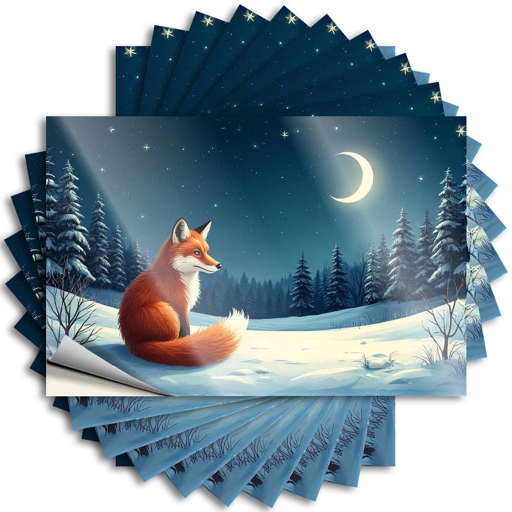 Outdoor Pool Decor Books Funny Sticker - A Fox Sits in A Snowy Forest Under A Crescent Moon. Removable Decal Hard Easy Peel for Summer(6X9CM)
