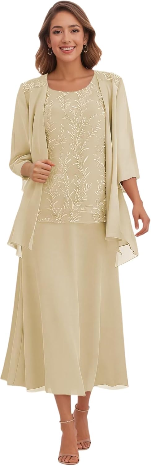 2 Pcs Mother of The Bride Dresses for Women Lace Applique Formal Evening Gowns with Sleeves Tea Length Wedding Guest Dress