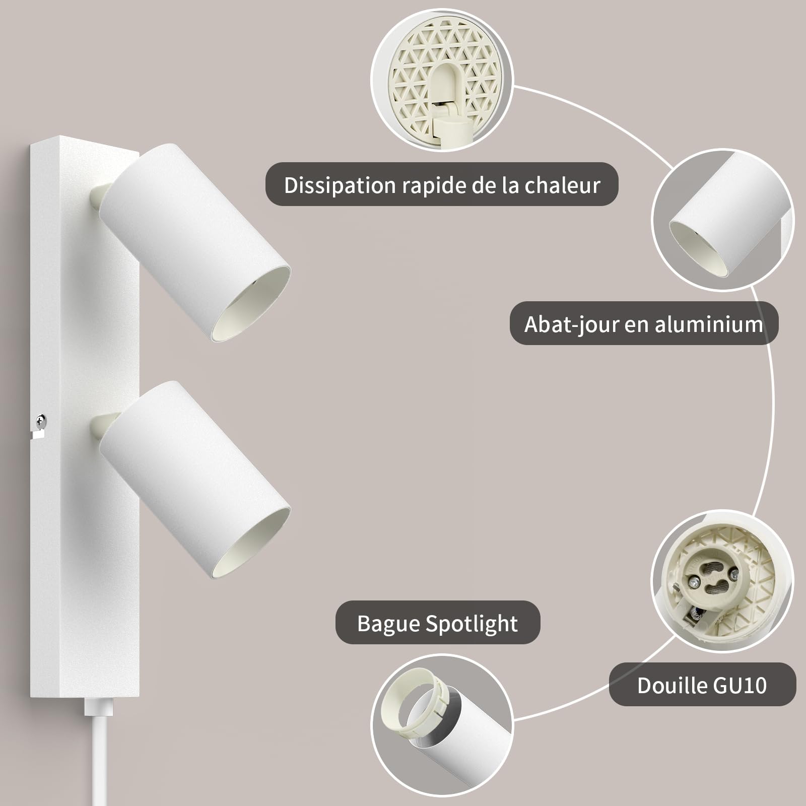 Applique Murale Intérieure avec Prise et Interrupteur 2 Spots Blanc GU10 Lampe de Chevet Murale Moderne Tourner 350°