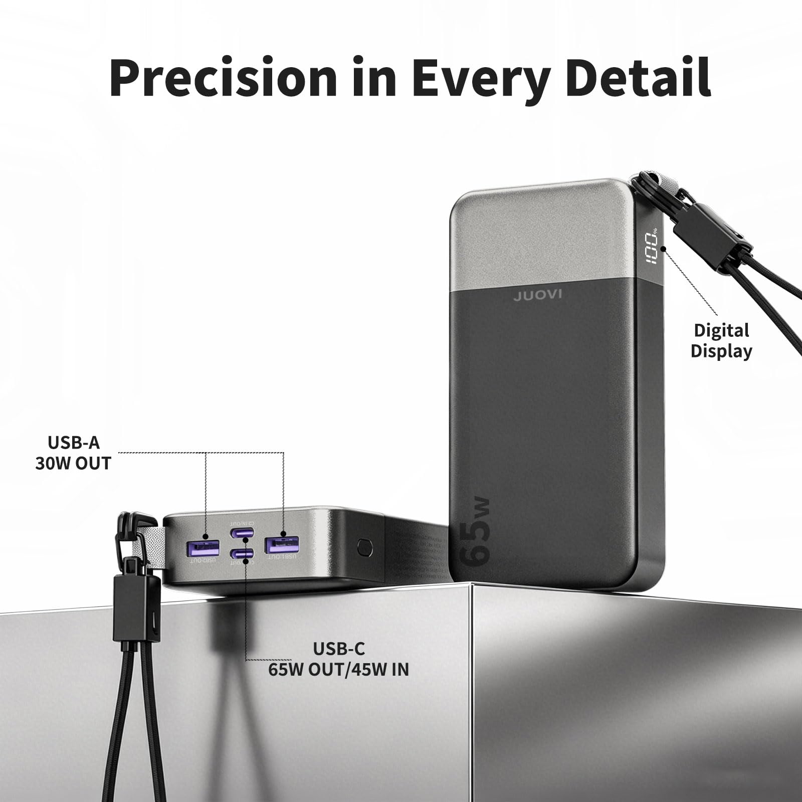 JUOVI 65W Laptop Power Bank 20000mAh z odłączalnym kablem USB C | Portable Charger dla laptopa Dell XPS iPad tabletu Steam Deck serii iPhone 17/16 Samsung i więcej