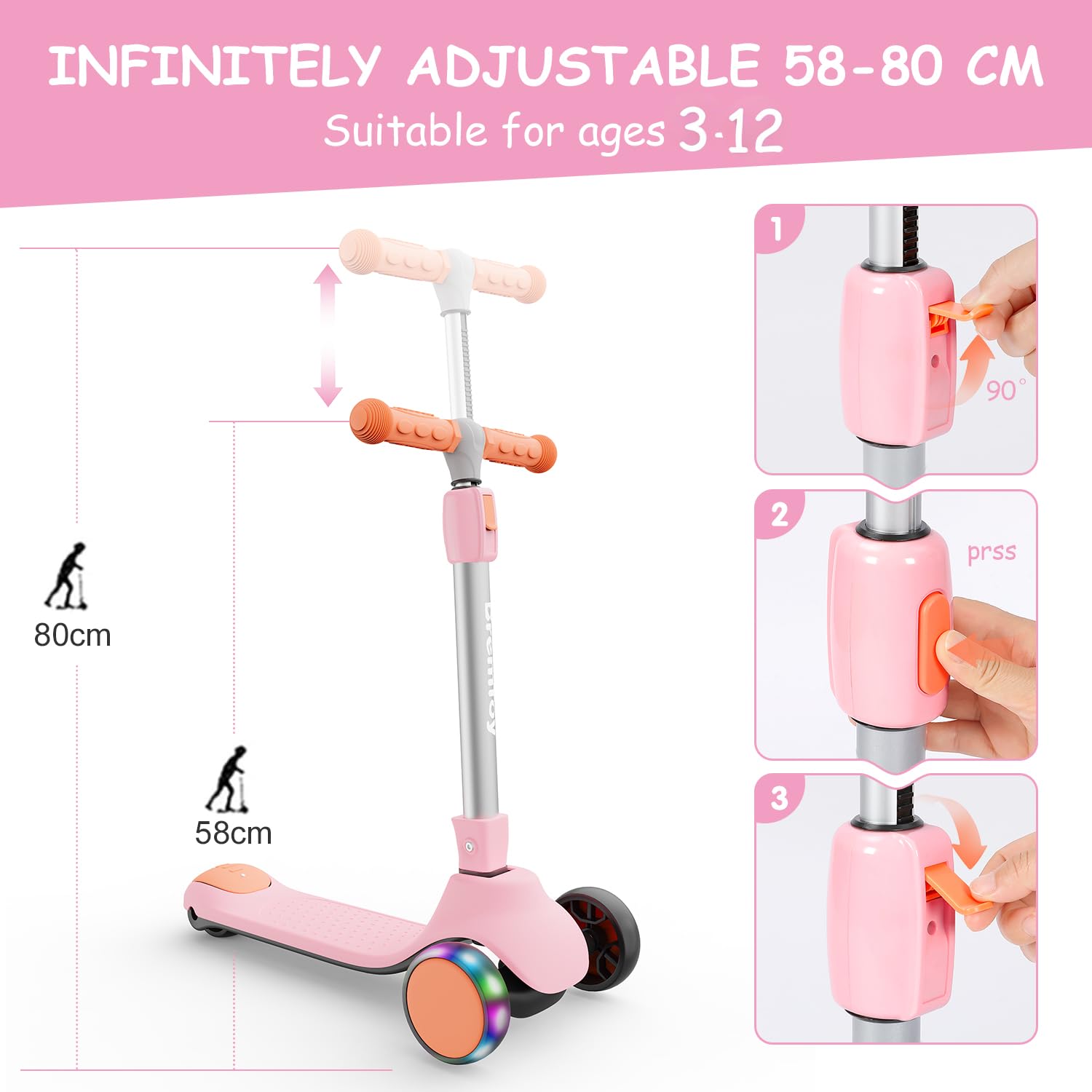 BremToy Trottinette pour Enfants 2-10 Ans, 4 Hauteur Réglable, 3 Roues LED élégantes, Trottinette Pliante, Charge Maximale 50 kg, Cadeau pour Enfants