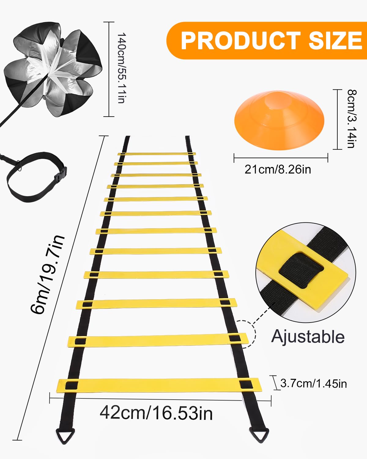 Image secondaire de SOBEAU Équipement d'entraînement de Football,Parachute de résistance d'entraînement,1 Échelle de D'agilité de 6 Mètres, 12 Cônes