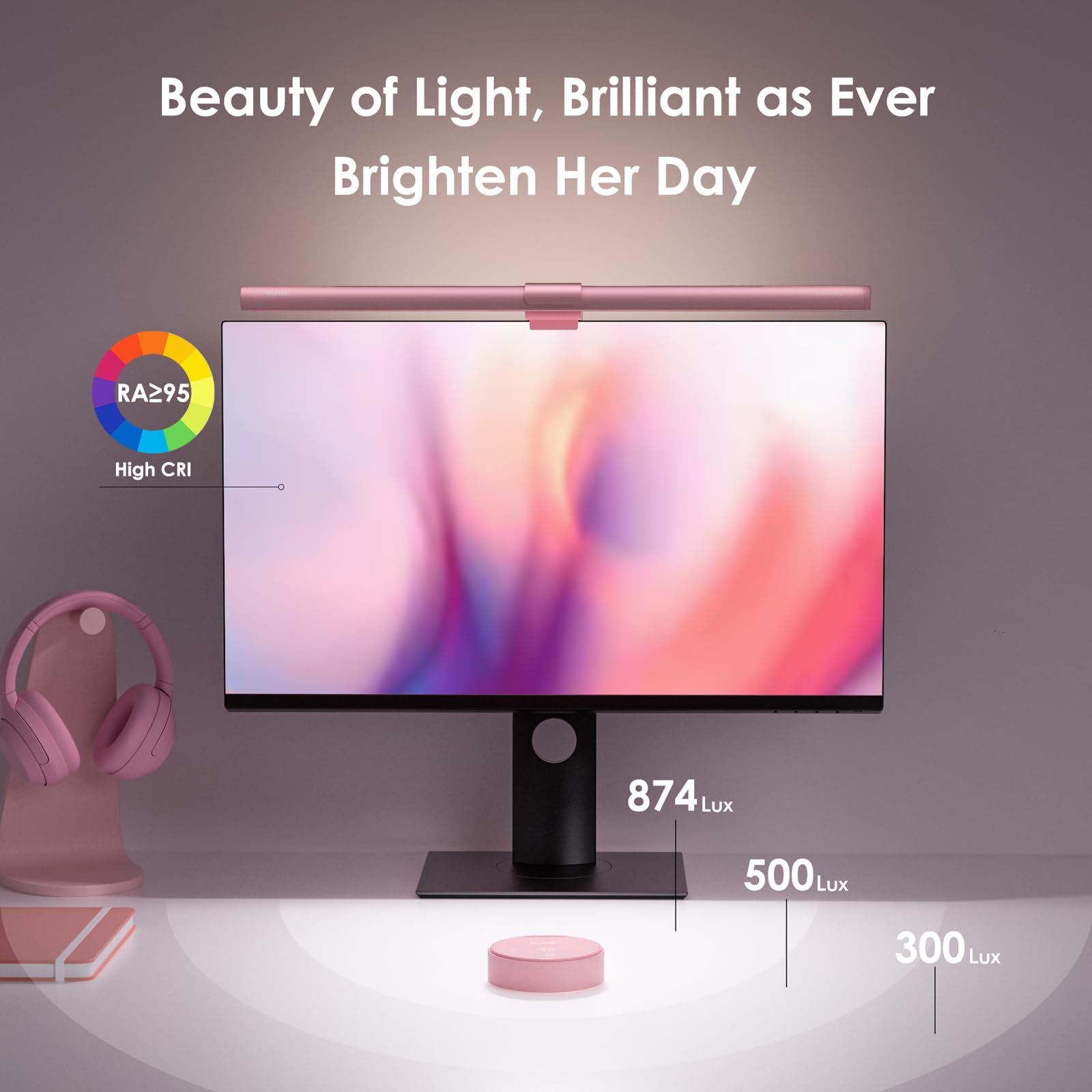 Quntis Computer Monitor Light Bar Curved with Remote & Backlight for Eye Caring 40cm Pink Screen Light Bar Stepless Dimming Hue Adjustment - Image 2