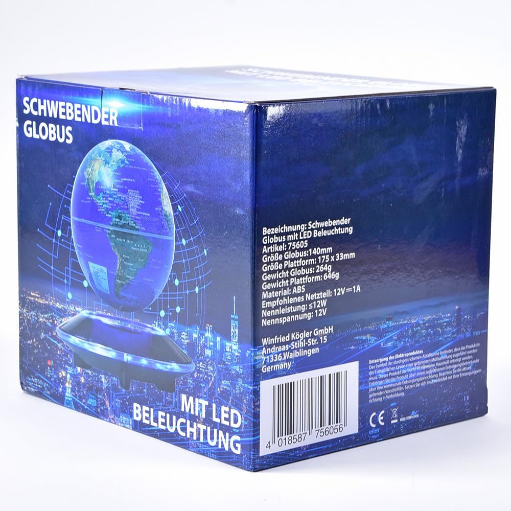 Kögler 75605 - Globe Flottant avec éclairage LED, 14 cm env., Globe magnétique avec Changement de Couleur, câble USB Inclus, comme mappemonde et veilleuse