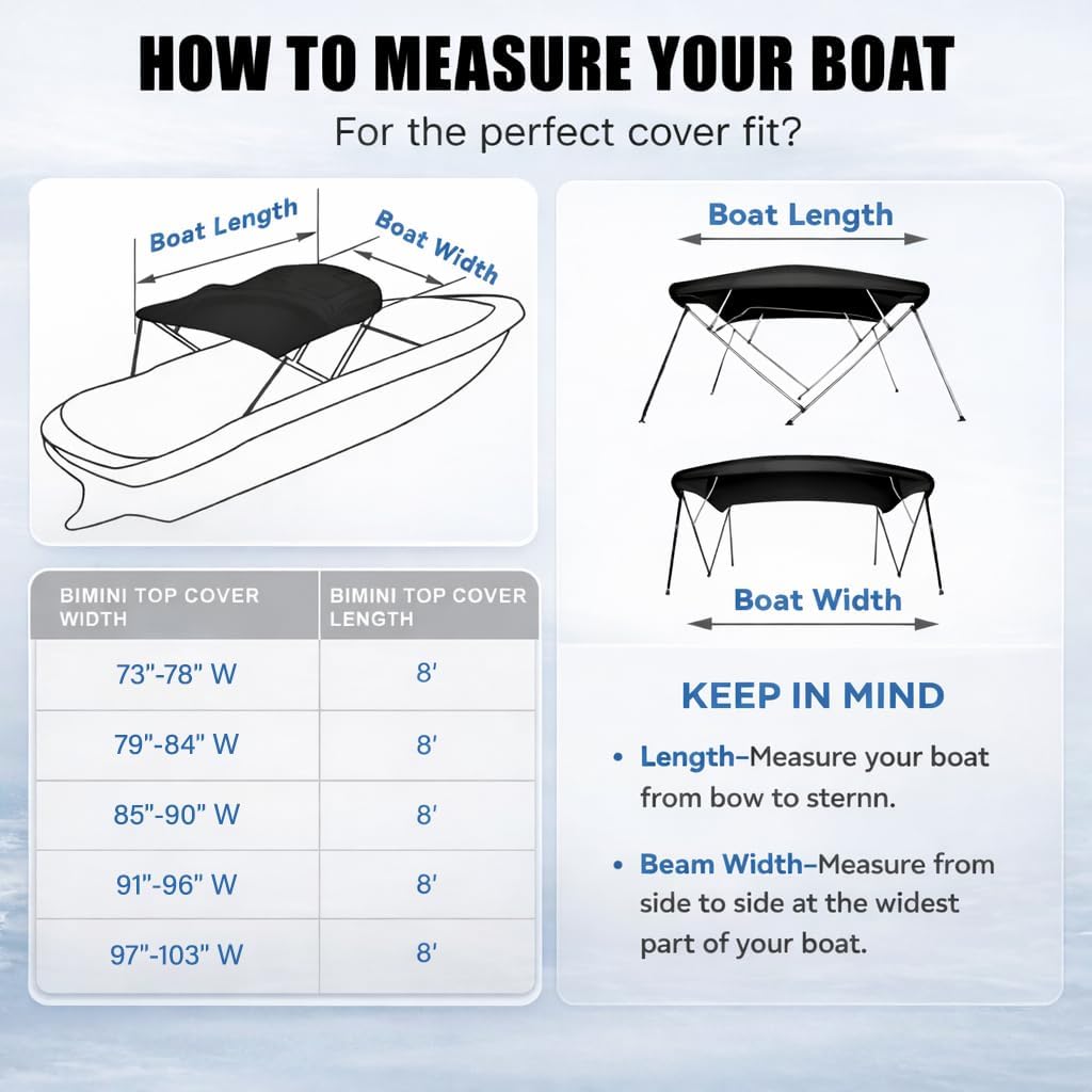 4 Bow Bimini Top Replacement Canvas,1200D Waterproof Polyester Bimini Top Cover with Storage Boot and Light Hole,Sun Shade Boat Canopy Without Frame,Easy Install Zipper Sleeves,8'L 85"-90" W,Black