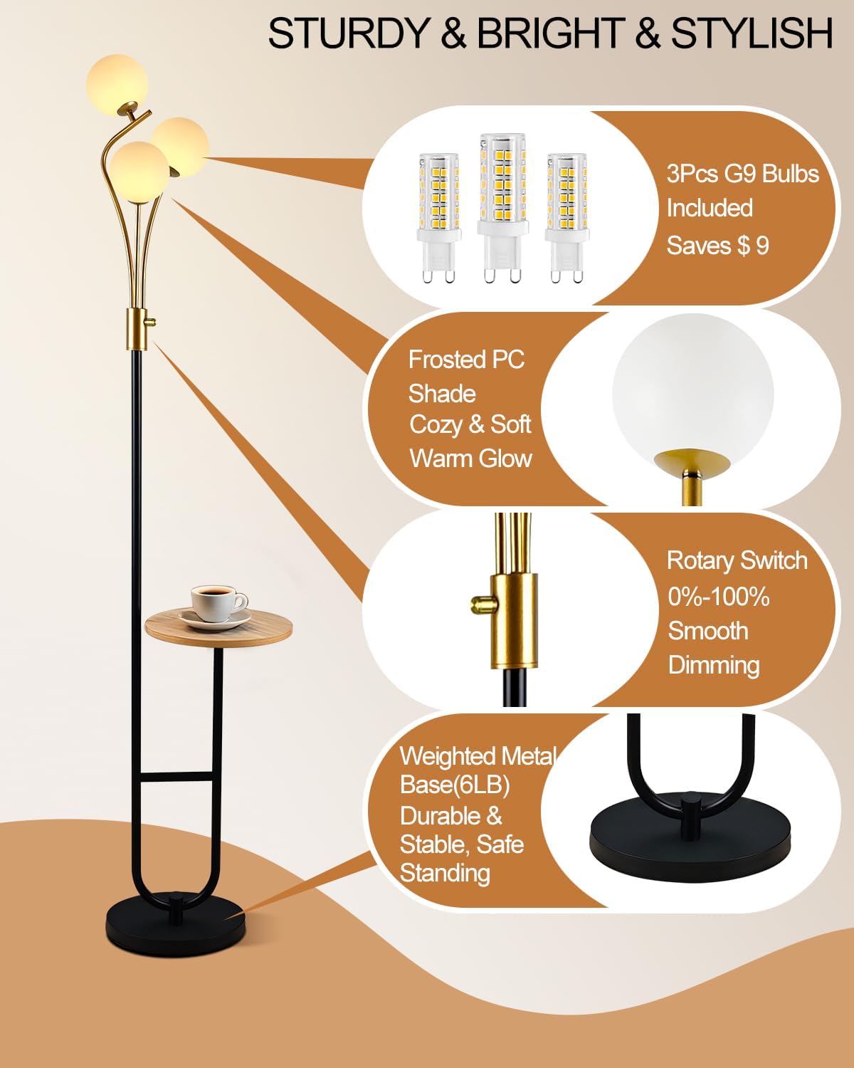 Lightdot Dimmable Gold &Black Floor Lamp with Tray 65IN Mid Century Standing Lamps with Shelf, 3000K Warm White Bulbs Included, Modern Globe Floor Lamp for Living Room/Bedroom/Sofa Beside/Corner Decor