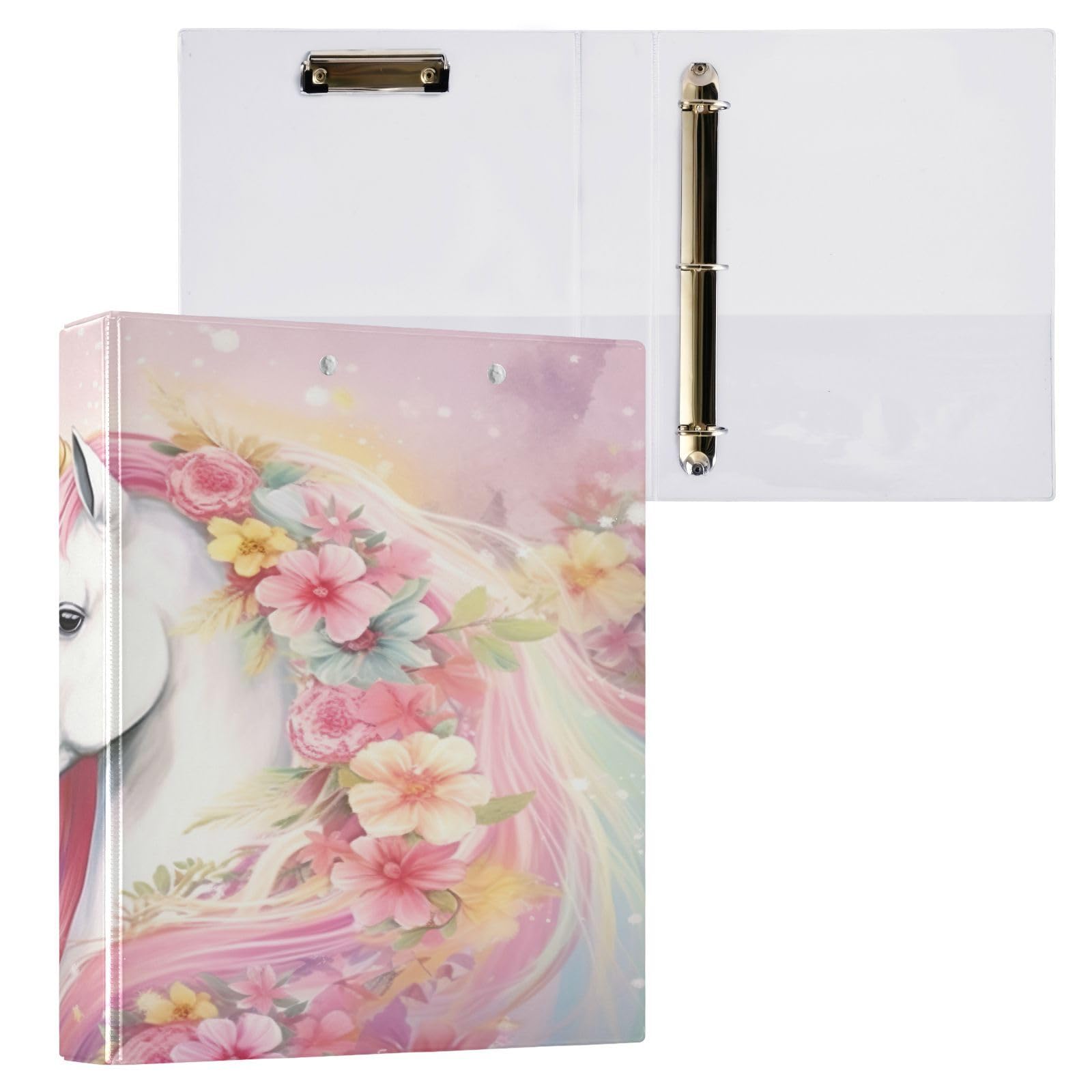 SKYSHU Unicorn - Raccoglitori a 3 anelli rotondi con 3 tasche interne trasparenti in PVC, impermeabili, robusti, con clip in metallo antiscivolo, raccoglitori versatili per 200 fogli, confezione da 2