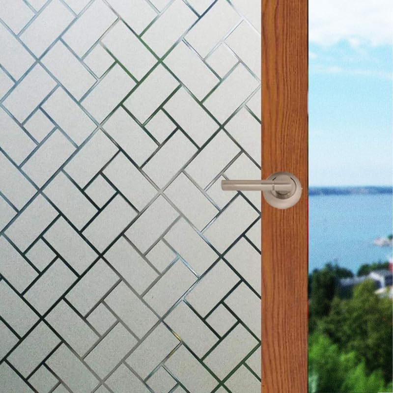 Image of Window Glass Film for Privacy, Self Adhesive Window Sticker, Sticker Frosted Glass Film for Windows, bathrooms, Office Cabins, Living Rooms - Cross Brick | 16 X 72 Inchs
