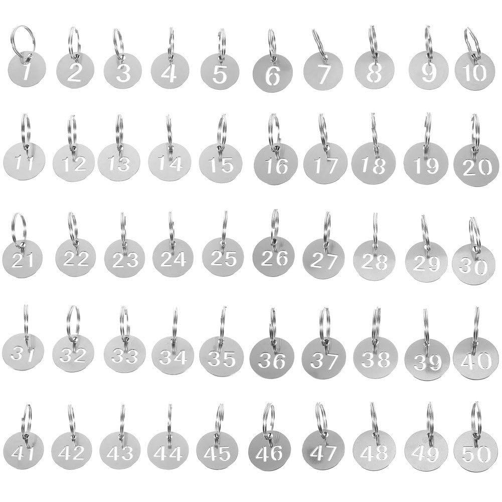 Baokuan Silver 50Pcs Numbered Id Tags Number Key Tags Stainless Steel Storage Tags Key Ring Labels Round Metal Numbered Marking Number Tags (Number 1-50)