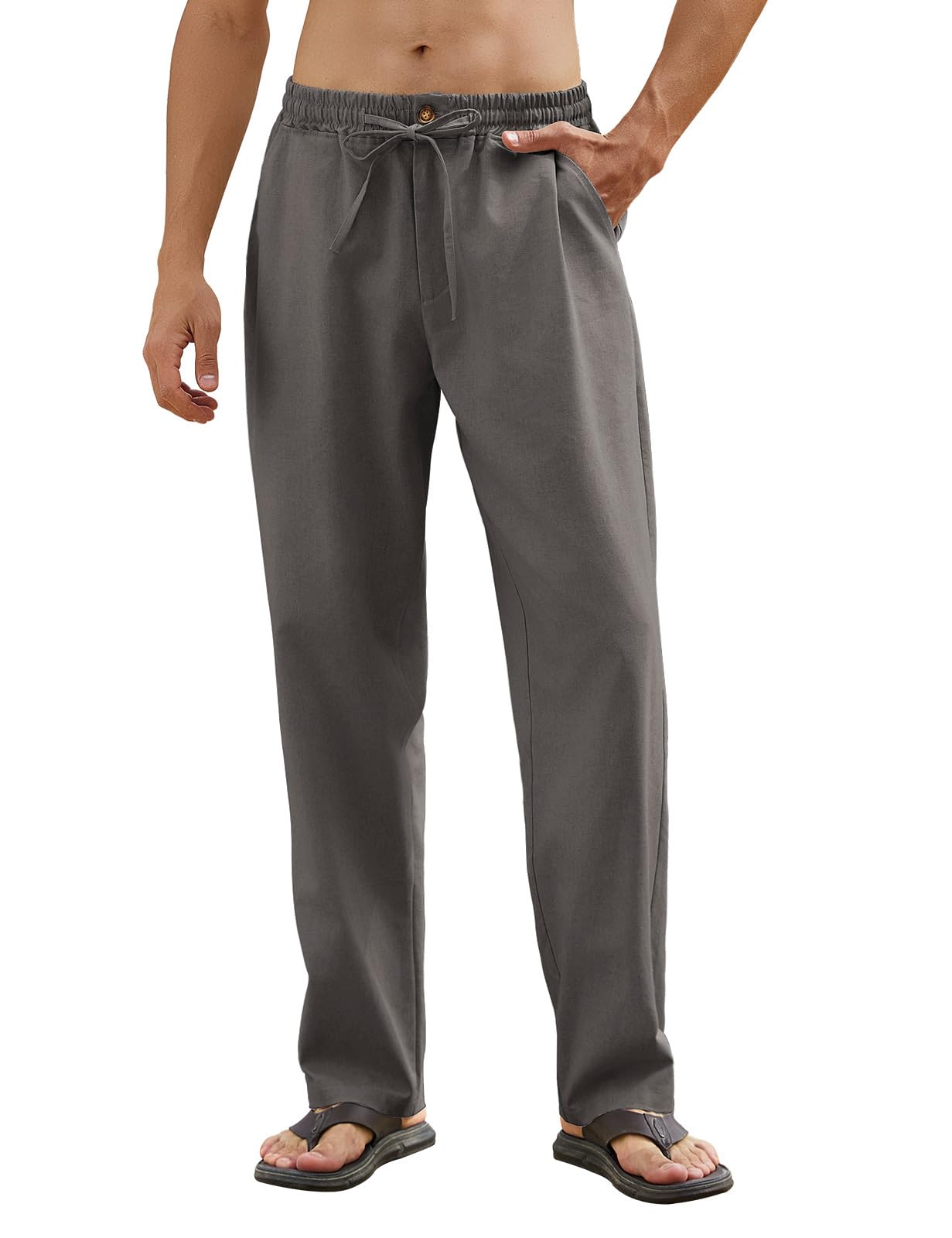 CMTOP Herren Leinenhose Lang Sommer Leicht Loose Fit Hose Einfarbig Freizeithose Elastischer Bund Baumwolle Sommerhose Yoga Urlaub Strandhose mit Kordelzug, Taschen