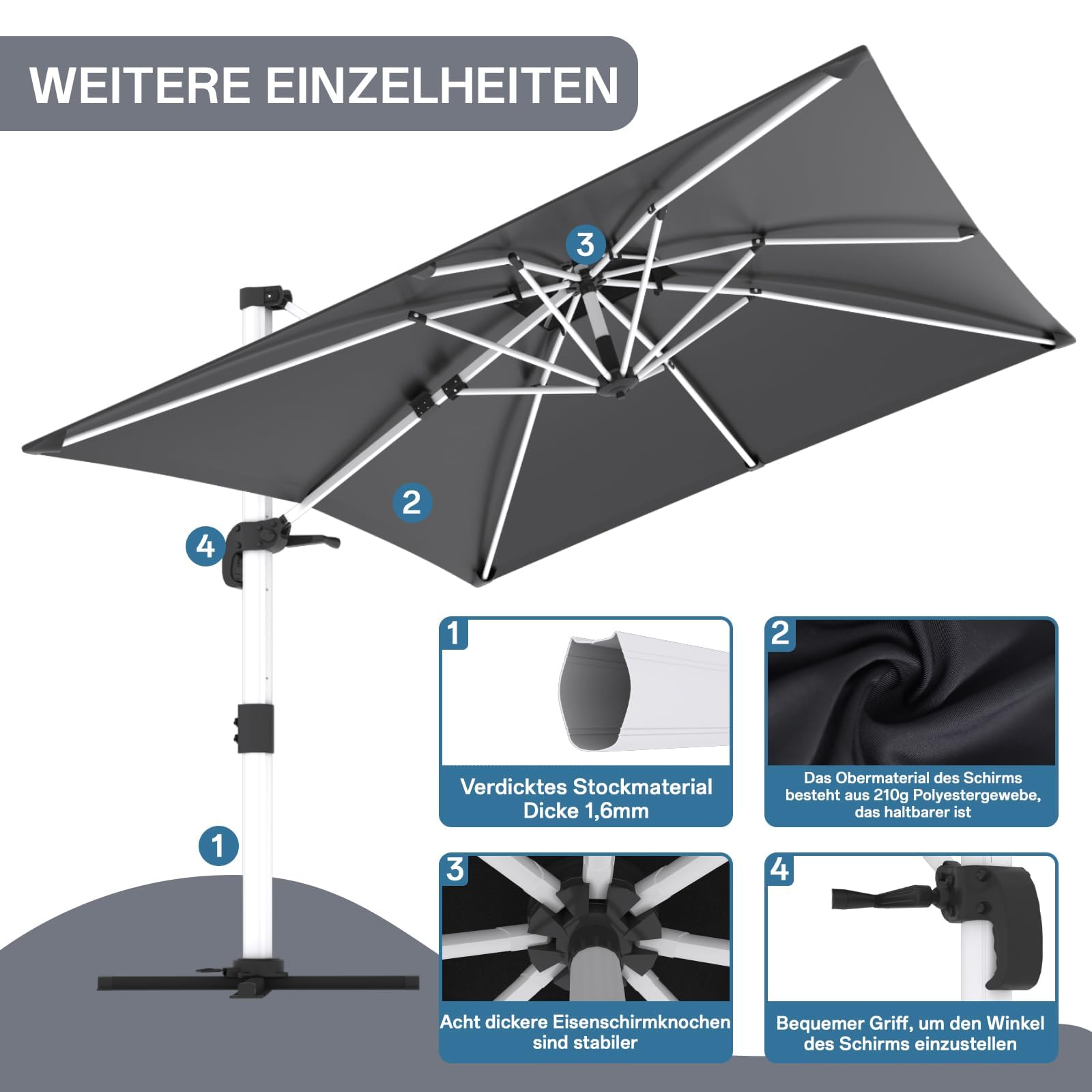 TRIUMPHKEY Sonnenschirm Balkon 300x400x260 cm Aluminium Freischwingender Sonnenschirm mit Kurbel Wasserdichter Gartenschirm,Obere Doppelschicht, UV50+ Sonnenschutz, 360° drehbar, Grau