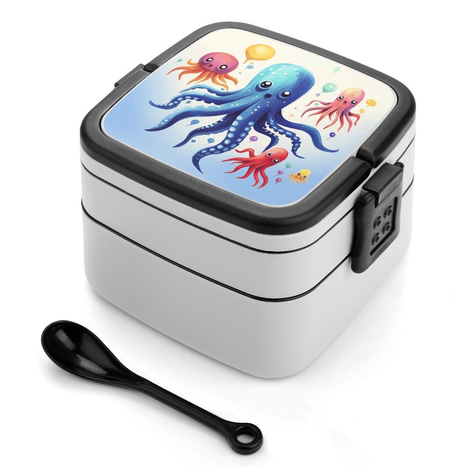 JTREHY Colorful Squid Octopus Lunch Box Double-Layer Portable Lunch Container Stackable Large Capacity Leakproof Bento Box for Dining Out Work Picnics Travel