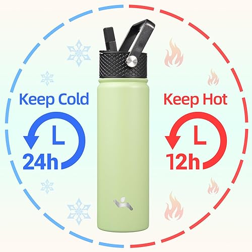 Miniatura 2 de Botellas de acero inoxidable de 22 onzas con 3 tapas, Botella de agua con aislamiento térmico deportiva, color verde macarrón