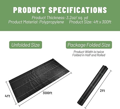 Miniatura 2 de Tela de barrera de malezas de 4 x 300 pies, resistente, tela tejida para control de malezas, tela geotextil tejida para contrapiso, alfombrilla de