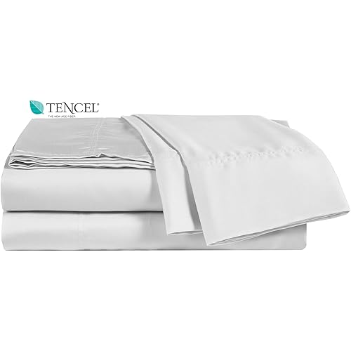 100% Tencel Sheet Set - Queen Size 4 Piece Sheets with Deep Pockets up to 18 Inches - Luxuriously Cooling, Super Soft & Silky Sateen Weave Lyocell Bed Sheets in White (Queen)