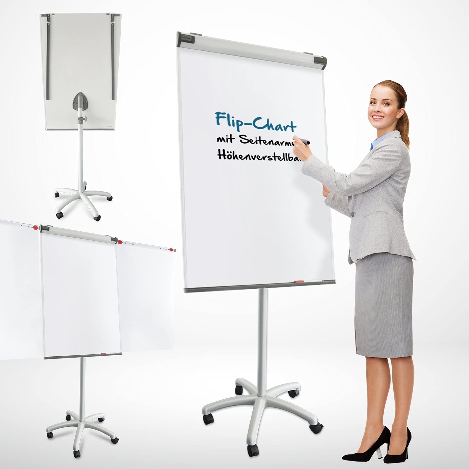 Lavagna a fogli mobili con base a rotelle, supporto per blocco e bracci laterali – magnetico e scrivibile – Lavagna magnetica – Lavagna magnetica – Lavagna con vassoio portaoggetti (Pira PRO)