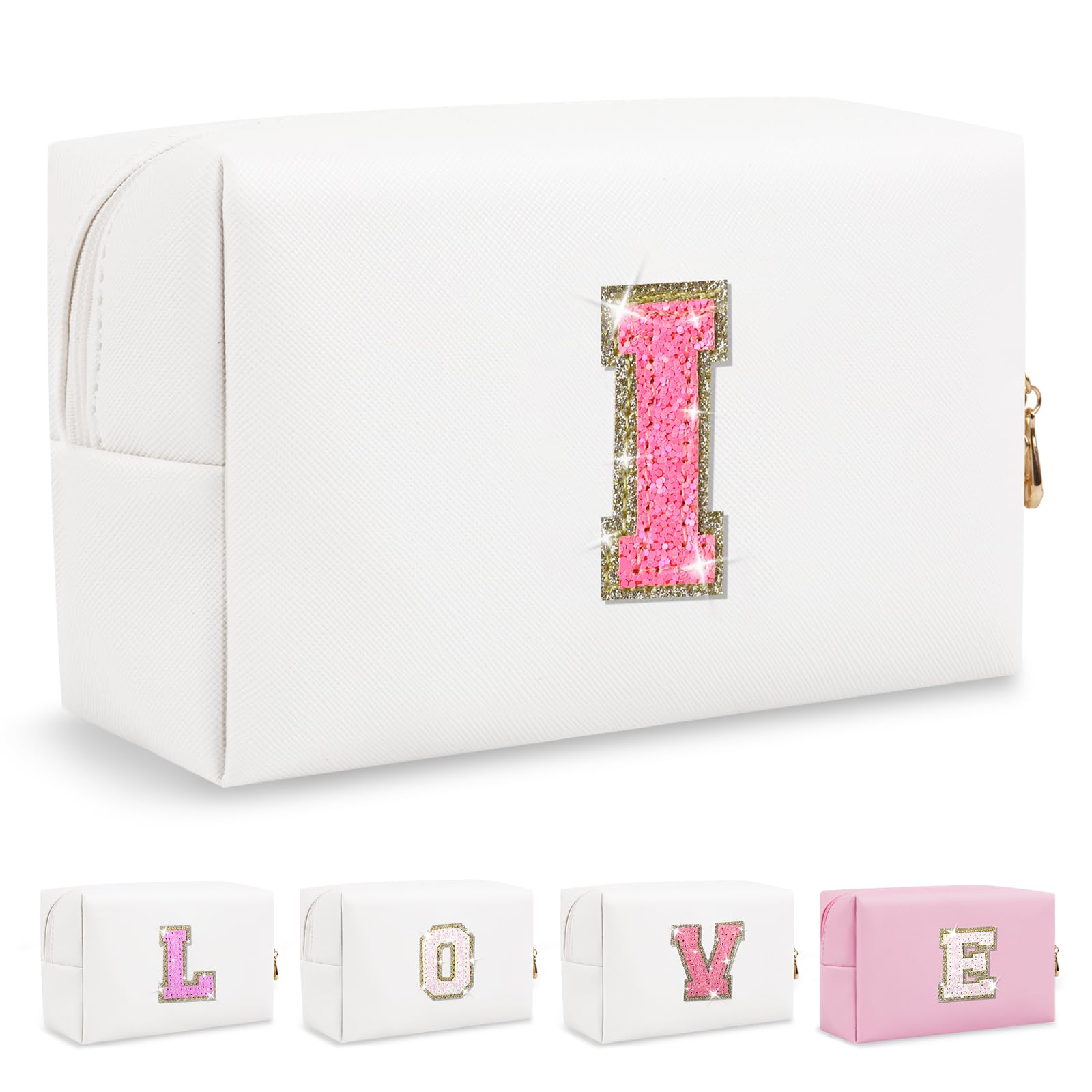 Small Personalized Initial A-Z Patch Makeup Bag,White Cute PU Leather Glitter Letter Cosmetic Bag for Teen Girls,Travel Toiletry Bag with Zipper,