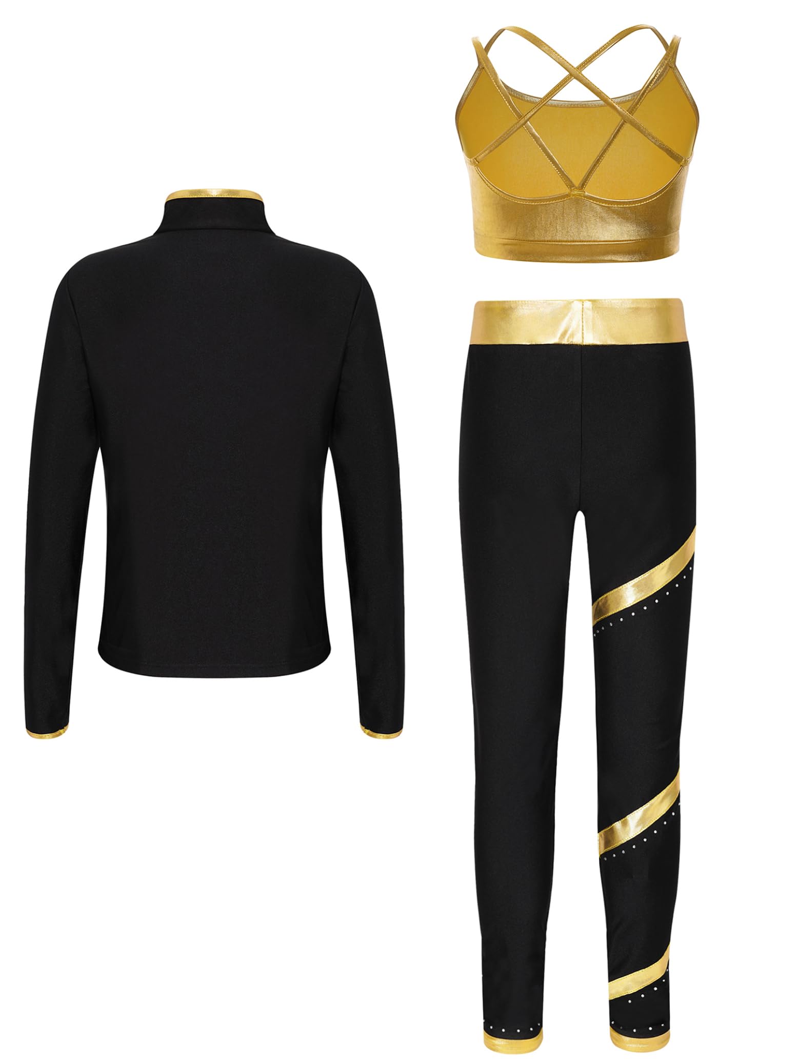 Ropa de patinaje artístico para niñas y niños, chándal metálico, sujetador deportivo, strass, chaqueta brillante, rayas, patchwork, leggings dancewear