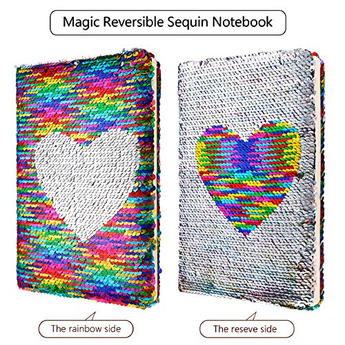 Image of Outus 4 Pcs Sequin Girls Journal Valentines Journal Gift with Color Gel Ink Pens Glitter Notebook Flip Writing Diary for Kids Girl Writing Drawing Travel Gifts(Rainbow Color,Heart)