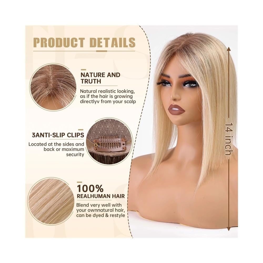 4,5" x 5" Echthaar-Topper-Perücken, Schweizer Spitze, Clip-Haarteile, glattes Haar für Damen, kaschiert Haarausfall oder graue Haarpartien (14 Zoll), Haarverlängerungen, Perückenteile (Ombre Blond M