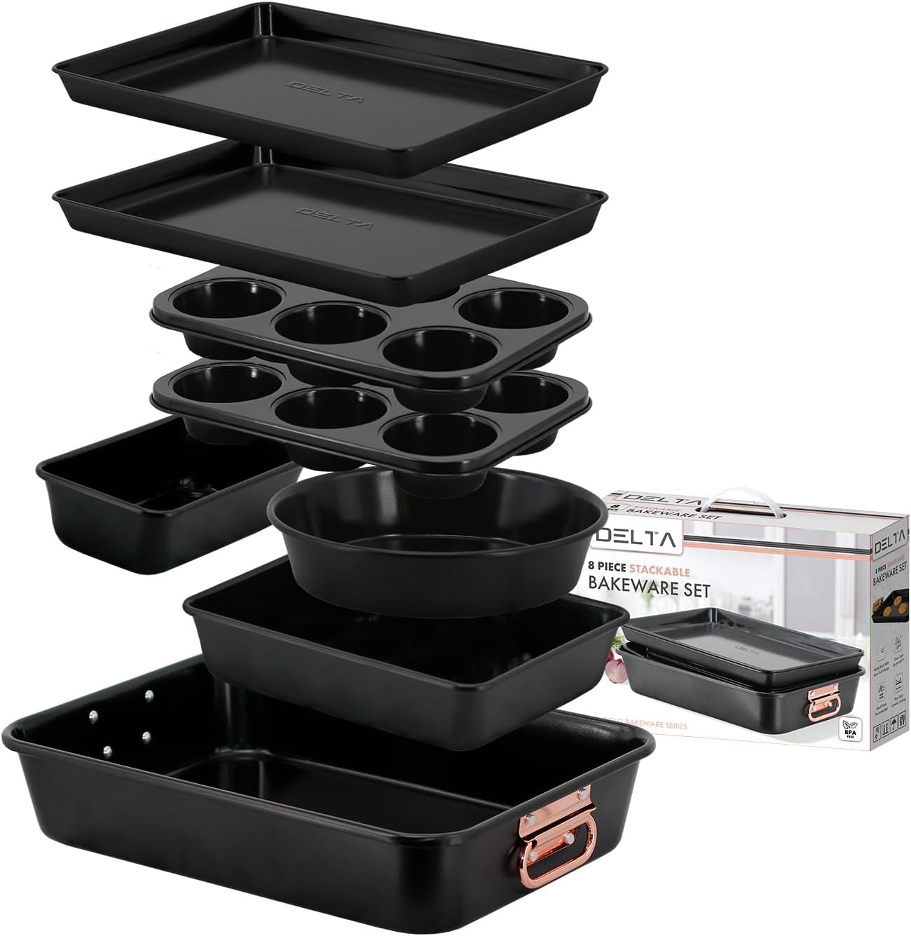8-Piece Stackable Bakeware Set, Nonstick Ceramic Coating, Oven Safe to 450°F, BPA-Free, Includes 2 Muffin Pans, Loaf Pan, Roaster Pan, Round & Square Pan, Baking Pans Set, Cookie Sheets