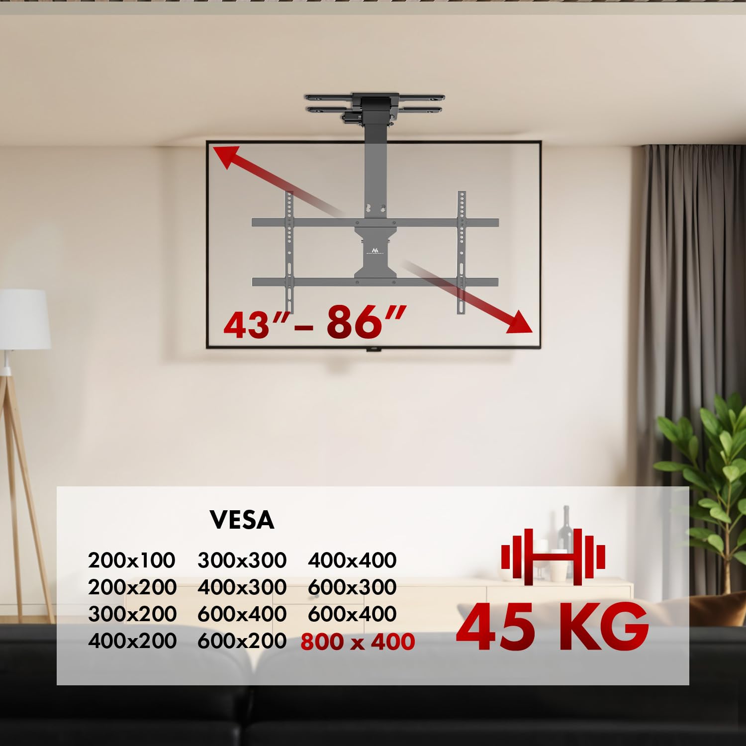 Maclean MC-110 T TV 43-86″ elektryczny uchwyt sufitowy do 45 kg VESA 800×400, pochylenie -80°, silnik, pilot, Tuya, system antykolizyjny, czarny