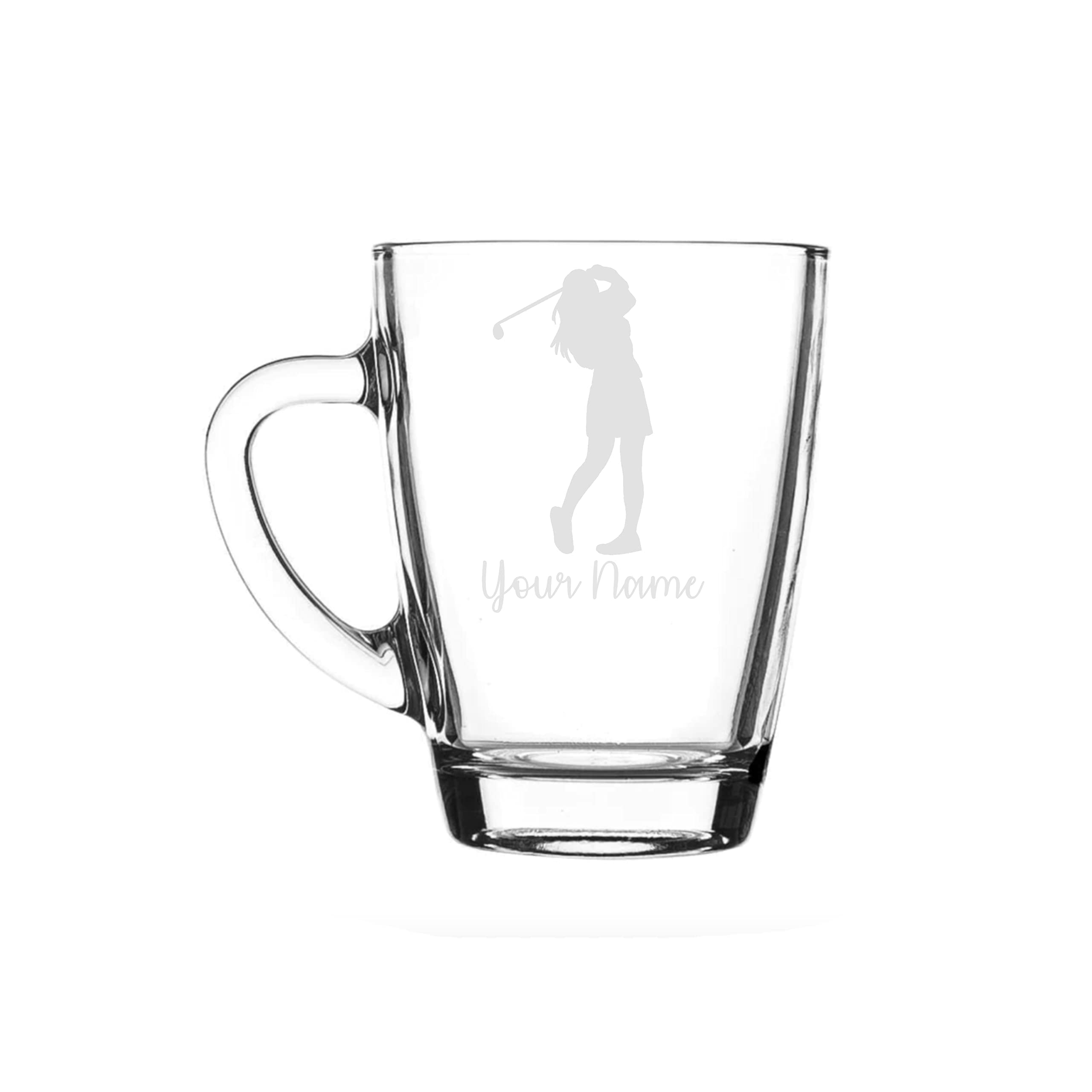 Personalised Female Golf Player Engraved Glass Mug, Golfing Gift for Women Lady Golfer