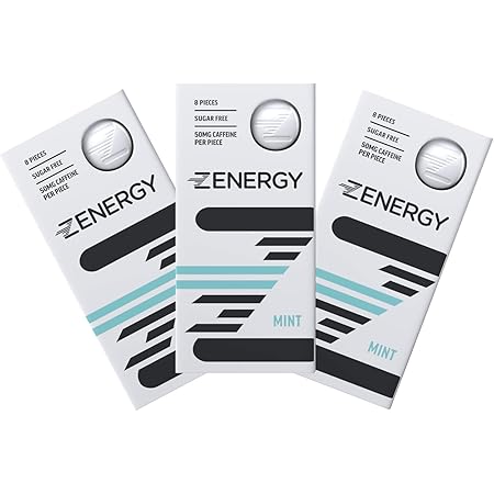 ZENERGY - Mint Flavor Caffeine Energy Gum | 50mg of Caffeine Per Piece with Vitamins B6 + B12 | 0 Calories + Sugar Free + Gluten Free + Non GMO + Vegan + Aspartame Free | 3 Packs (24 Count)
