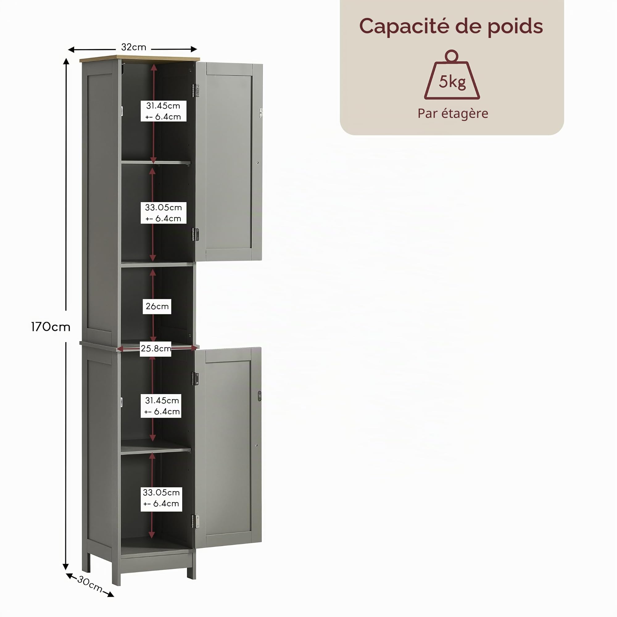 Bath Vida Priano Armoire de Salle de Bain Armoire de Rangement sur Pied en Bois Gris
