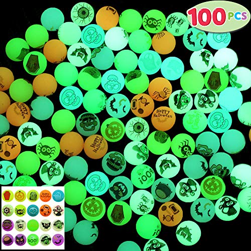 JOYIN 100 Halloween Theme, Glow in The Dark Bouncing Balls, 20 Designs for Halloween Party Supplies, Trick or Treating Goodies