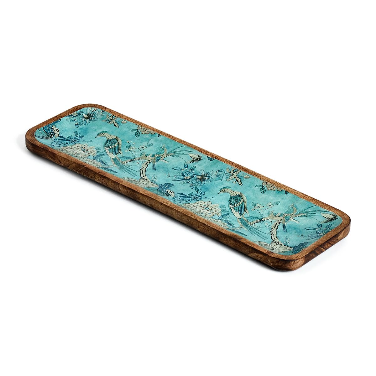 SAAGA Mango Wood Printed Rectangular Platter – 17x5 Inch Serving Tray for Snacks, Fruits & Desserts – Artistic Brown & Blue Kitchen and Dining Tray