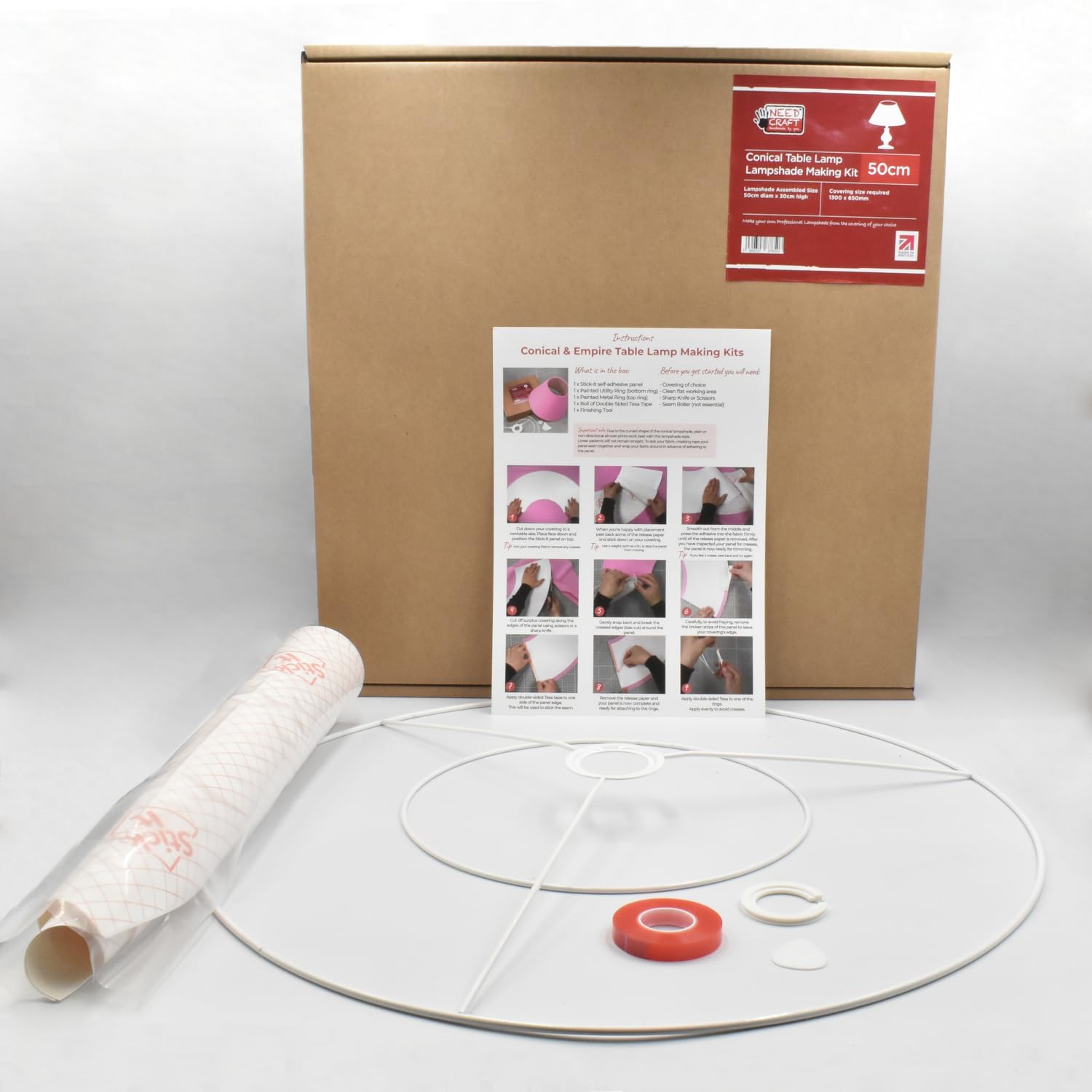 Conical Table Lamp Lampshade Making Kit - Tapered Circle Shape DIY Shade Made in The UK by Needcraft - Use with Fabric, Textile, Wallpaper of Choice (White, 50cm)
