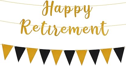 Gold Glitter Happy Retirement Banner Bunting & Triangle Pennant Garland, Pre-Strung Retirement Sign Party Decoration for Men & Women Office Farewell Party Supplies