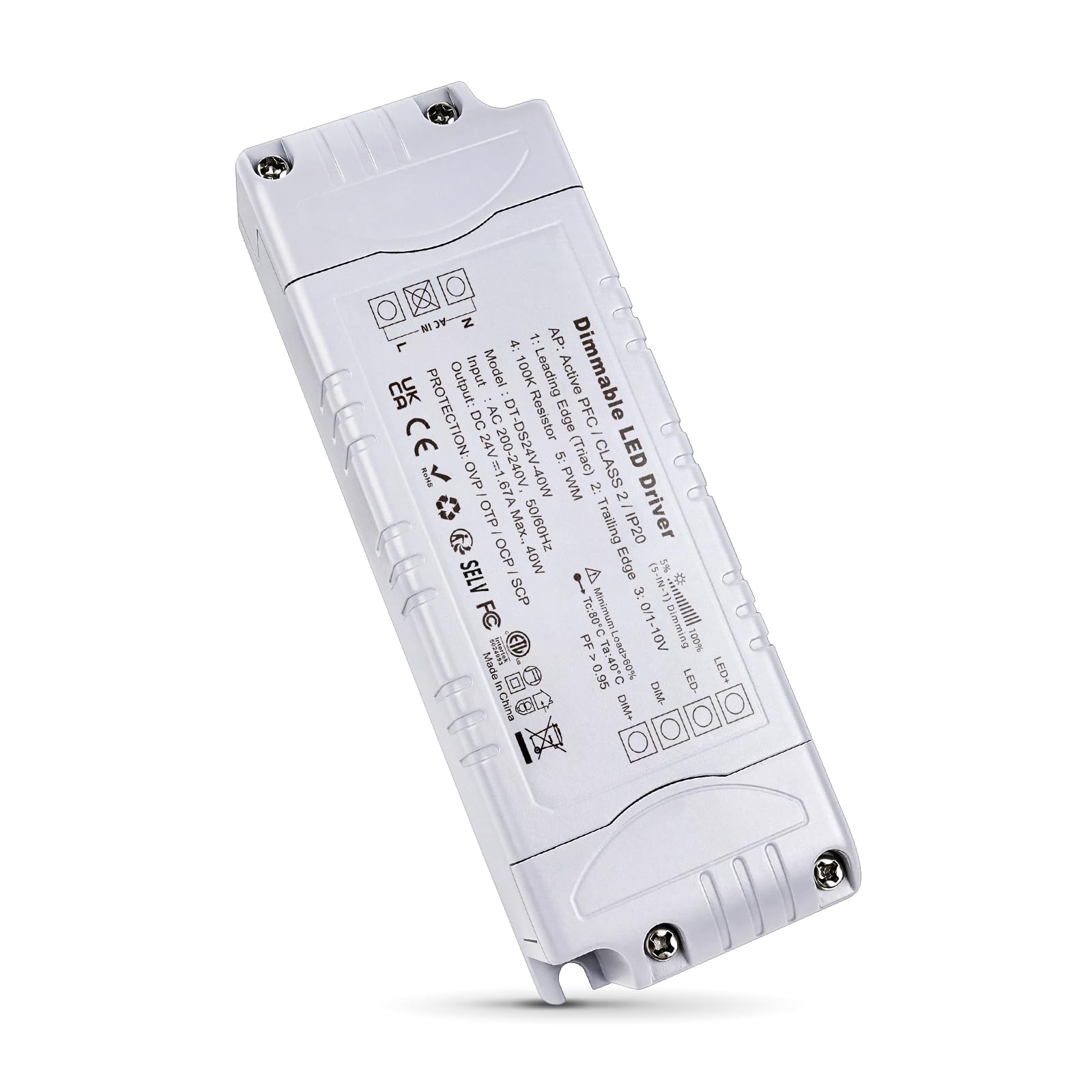 REYLAX LED Driver 24V Dimmable Triac, 40W 1.67A Transformer 240 to 24V, Constant Voltage Power Supply, High Power Factor, Low Voltage Transformer for LED Applications