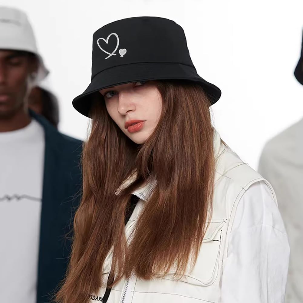 XYIYI Double Heart Black Fashion Embroidery Bucket Hat Cotton Beach Fisherman Hats for Women Girls