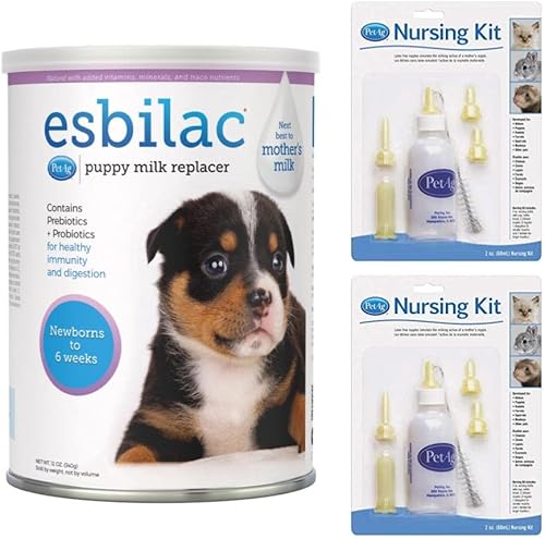 PetAg Esbilac - Repuesto de leche para cachorros de 12 onzas y kit de lactancia para mascotas, paquete de 2