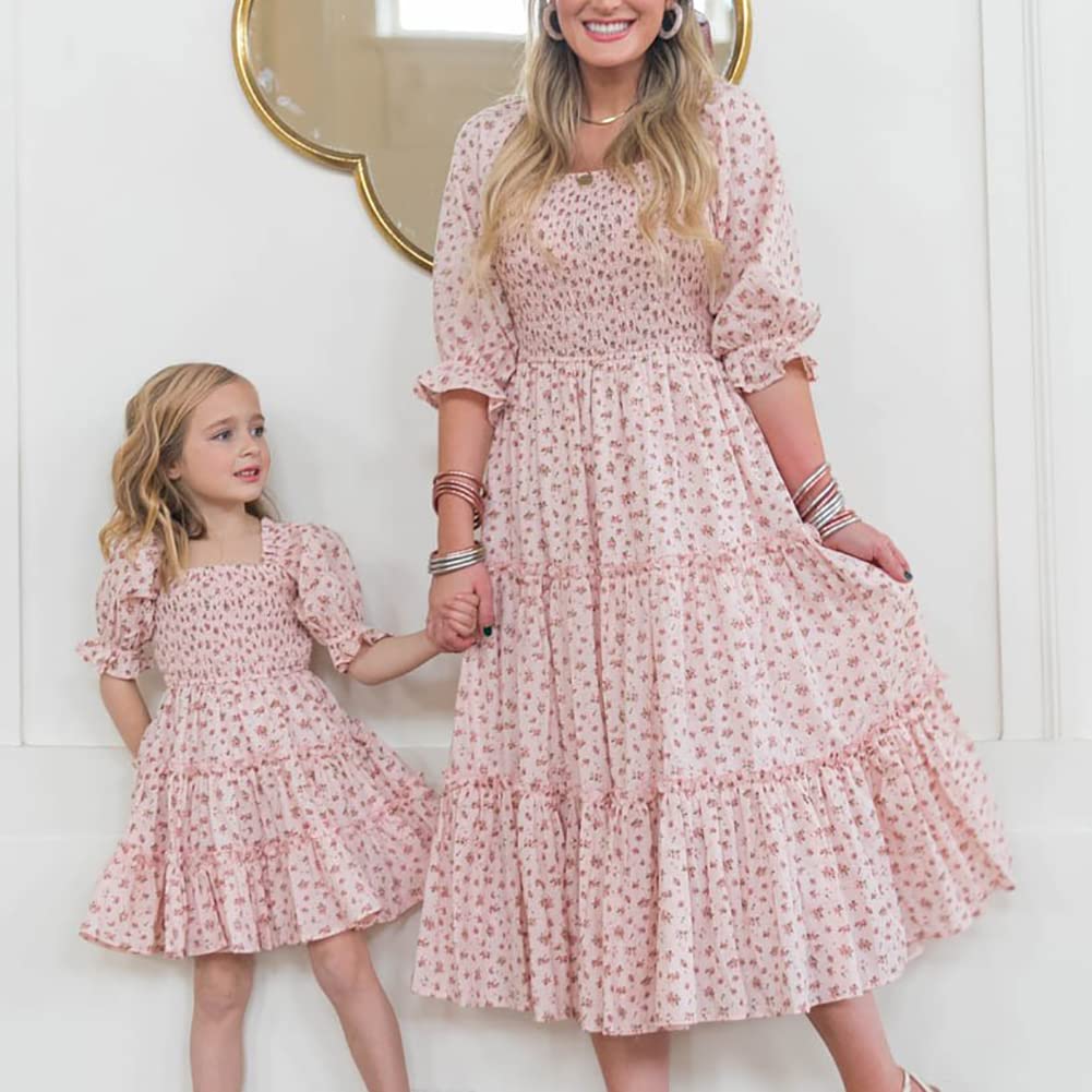 Madre e figlia, vestito da donna, ragazza, rete floreale, casual, estivo, per la famiglia, adatto per i genitori, per bambini, a linea, volant, matrimonio, vacanze, abito da festa