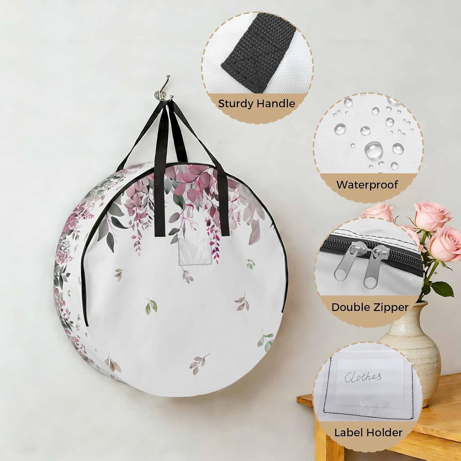 Spring Red Round Storage Bag 36 Inch, Eucalyptus Leaves Clothes Storage Container with Handles Heavy Duty Organizer for Comforter, Bedding & Holiday Wreaths