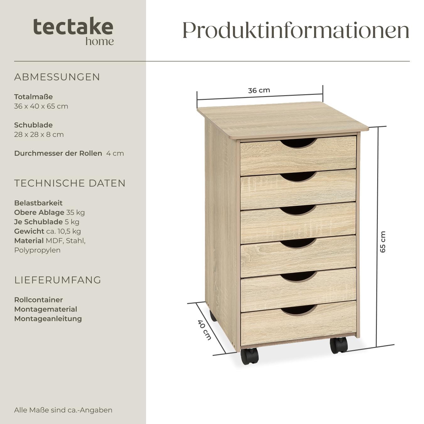 tectake® Rollcontainer mit Schubladen, Schubladenschrank 6x Schublade, mit Rollen, Büro Organizer, Schreibtisch Schrank, Rollwagen Unterschrank, Aufbewahrungsschrank Office - Holz hell, Eiche Sonoma