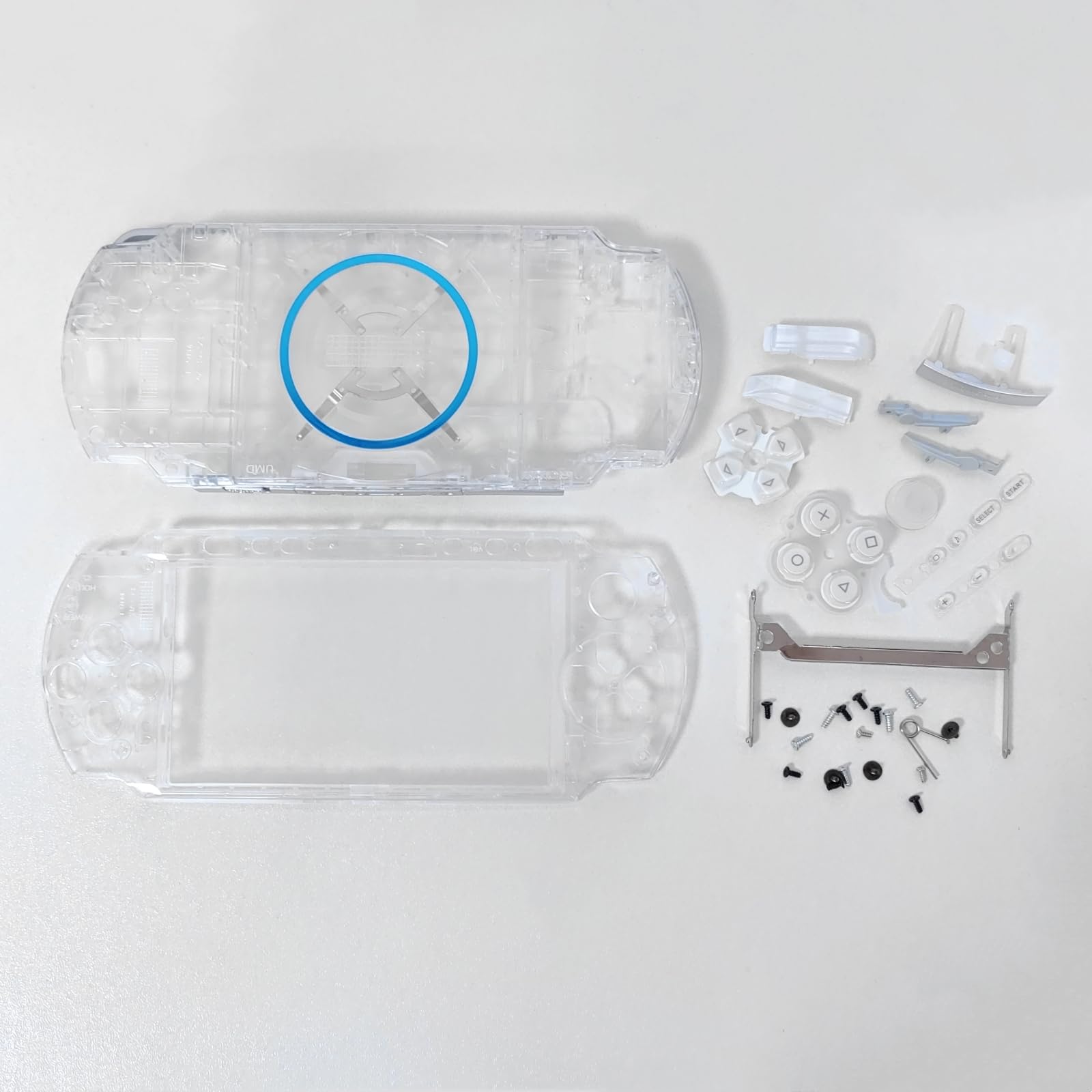 Coque de Remplacement Boîtier Complet pour Sony PSP 3000 PSP3000 Console, Couvercle Avant et Arrière Faceplate avec Boutons Jeu de Vis (Blanc Transparent)