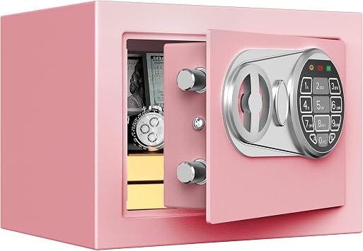 Goldenkey Small Kids Safe for Money, Digital Mini Safes with Keys&Code for Cash, Safe Box for Personal Items for Home, 6.69D x 9.05W x 6.69H, Pink