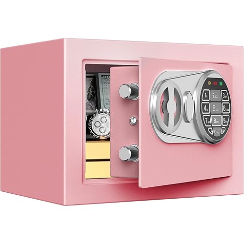 Goldenkey Small Kids Safe for Money, Digital Mini Safes with Keys&Code for Cash, Safe Box for Personal Items for Home, 6.69"D x 9.05"W x 6.69"H, Pink