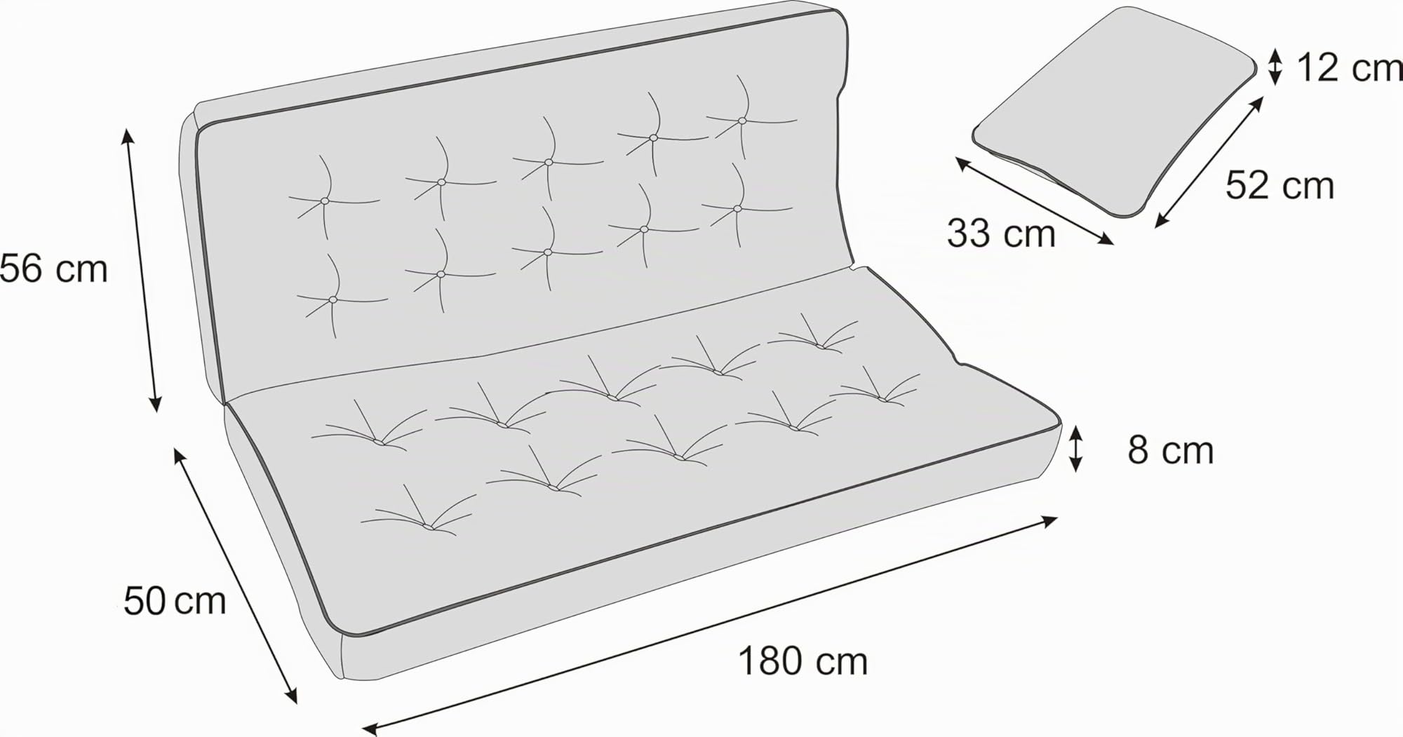 Coussins pour Bancs de Jardin - Coussins Assise & Dossier Souples - Chaise Longue, Banc de Jardin, Balancelle, Sol - Imperméables, Motif Matelassé, Sangles d'attache - 180 cm Beige