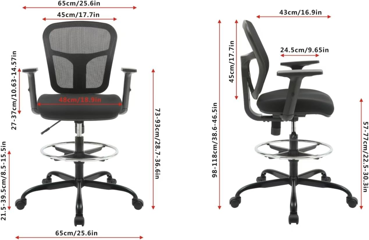 Drafting Chair, Tall Office Chair Ergonomic Standing Desk Chair,Rolling Desk Chair with Adjustable Armrest & Foot Ring,SGS Certified Gas Cylinder,High Rebound Sponge. (Black)