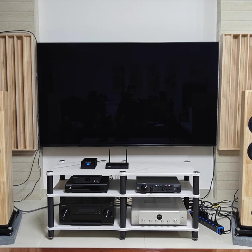 Nowoczesny stojak na sprzęt audio-wideo, otwarta szafka stereo z odtwarzaczem winylowym, pogrubione stalowe nogi, komponenty audio-wideo do telewizorów i urządzeń AV,1layer white