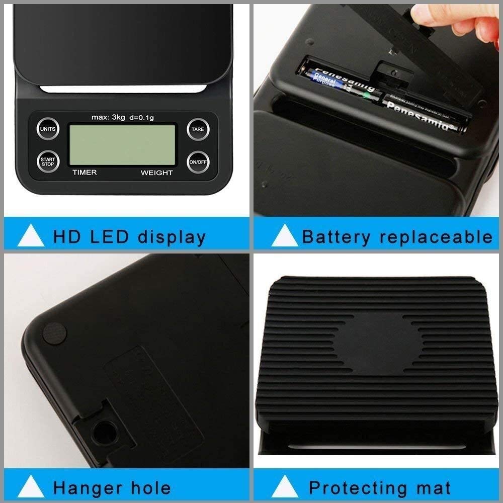 MRKU Balance à café numérique avec minuterie, 3000 g x 0,1 g, écran LCD de précision, Petite Balance électronique Portable pour la Cuisine à Domicile, Multifonction
