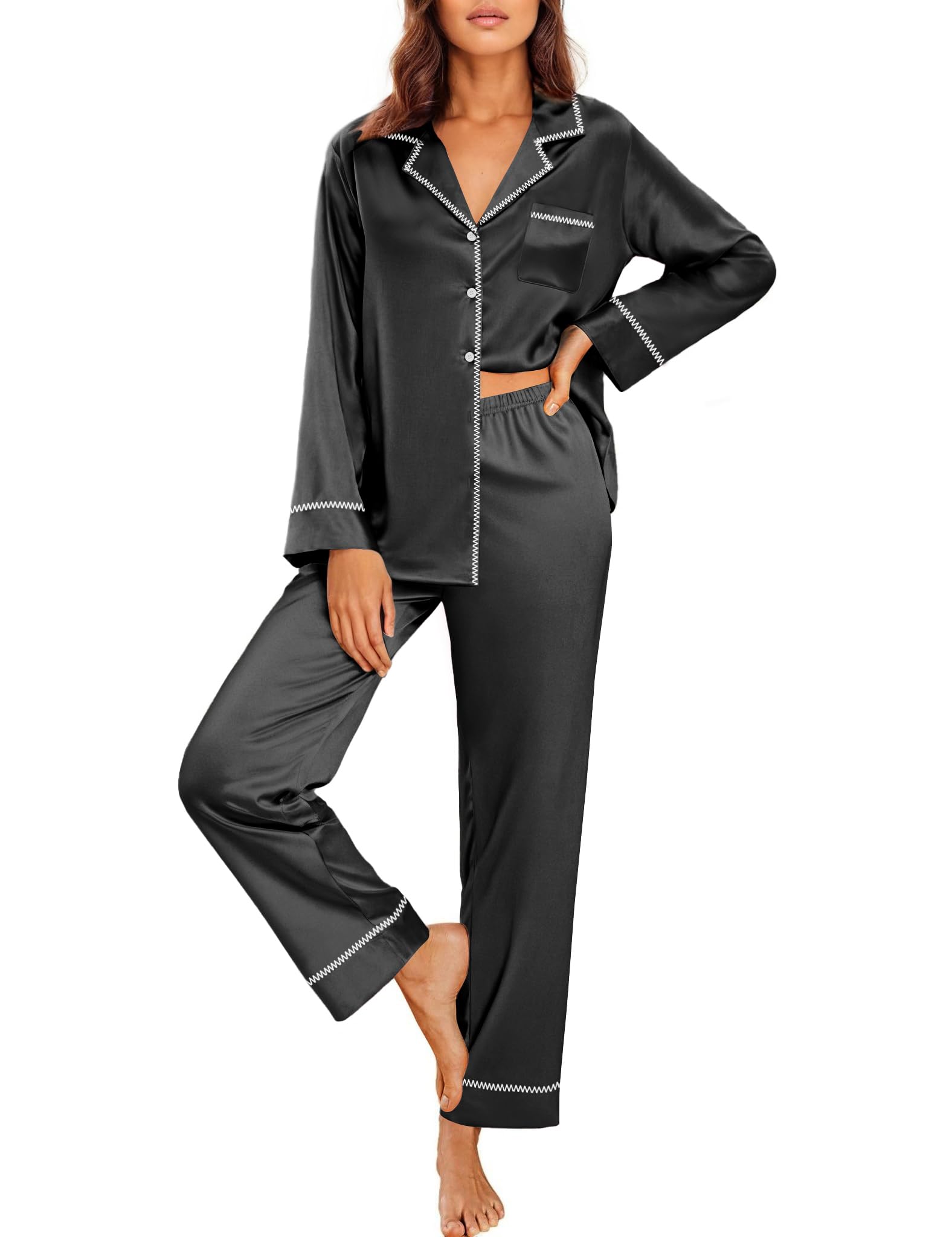 Ekouaer Satin Pajama Set for Women Silky Sleepwear Long Sleeve Top and Pants Button Down Pjs Lounge Set