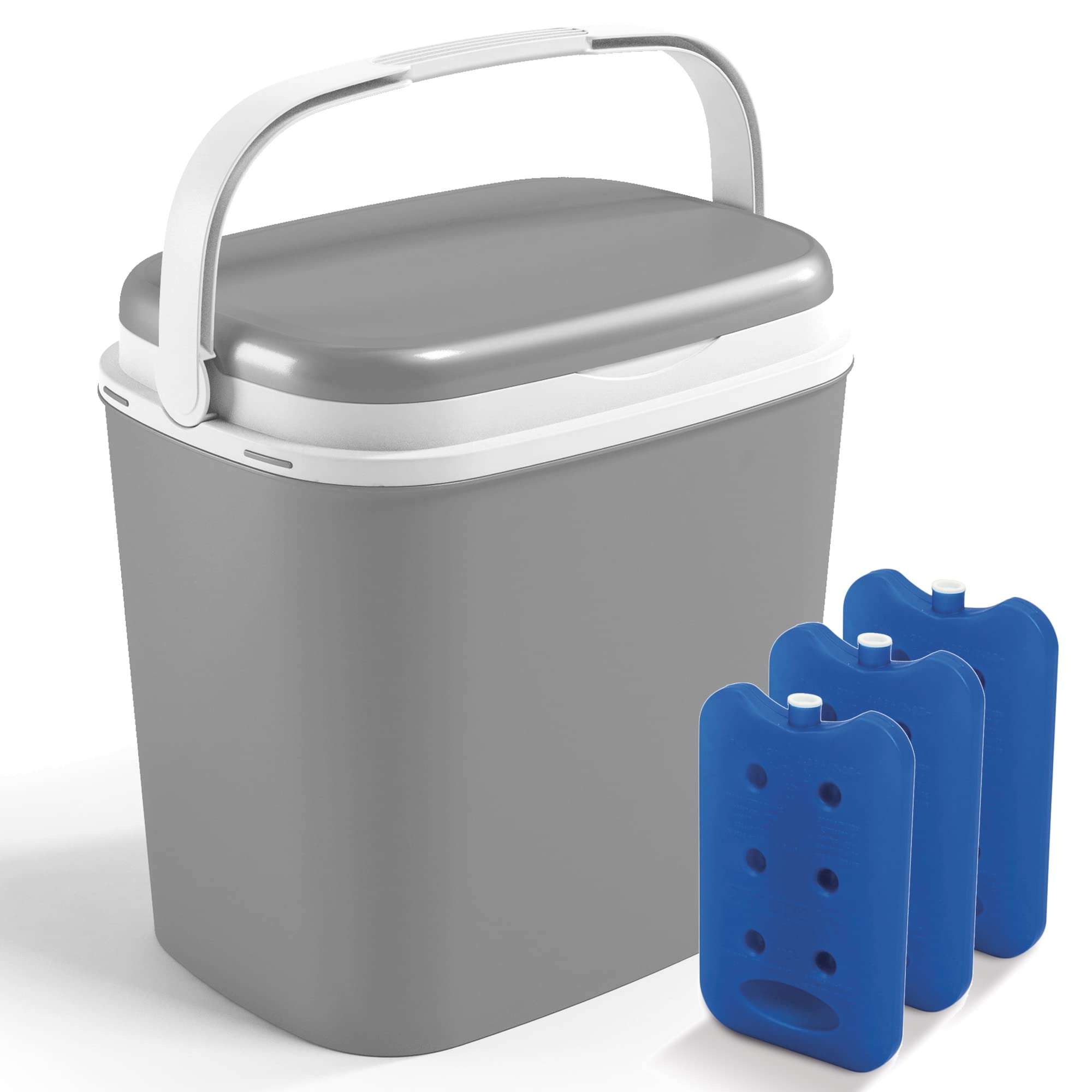 URBNLIVING 27L Large Compact Insulated Beach Picnic & Camping Leakproof Travel Cooler Cool Box w/Handle Ice Packs Grey